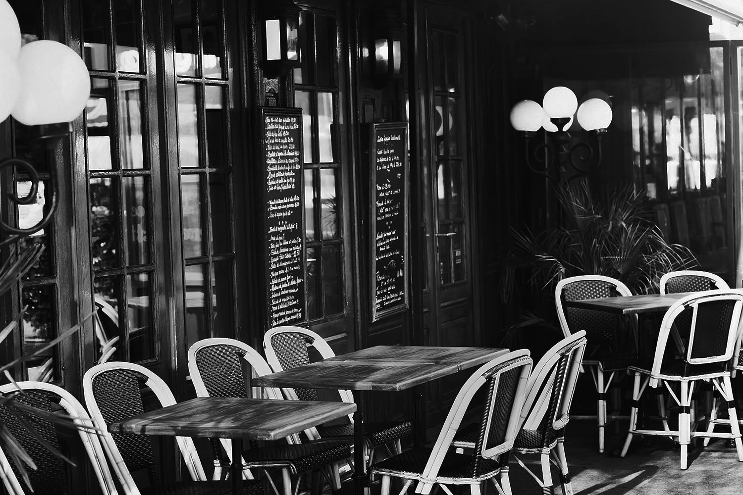 vintage european restaurant, black and white